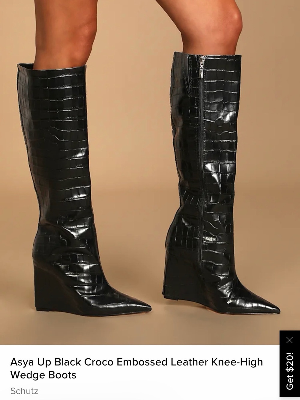 SCHUTZ Black Croc-Embossed Leather Knee-High Wedge Boots